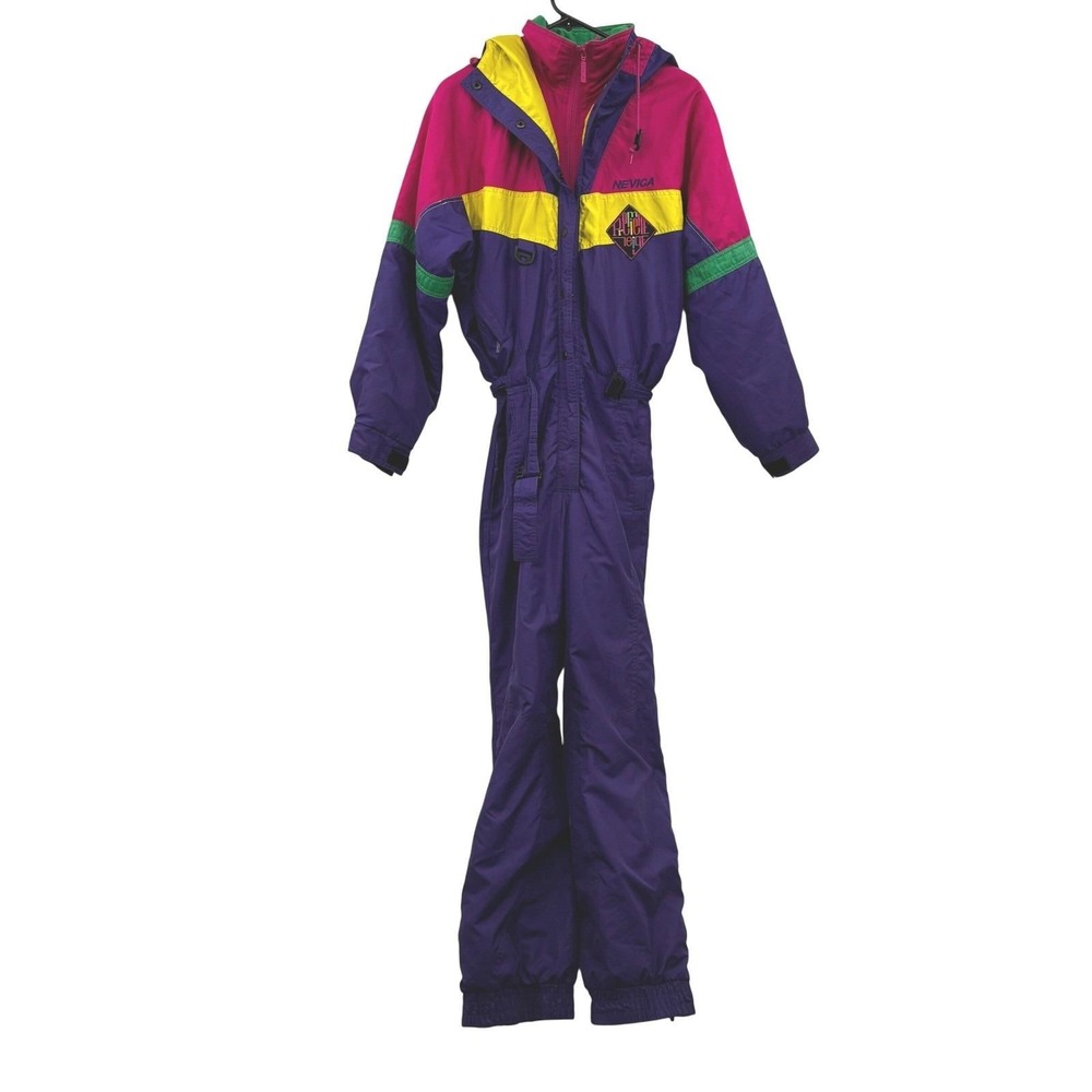 Nevica Vintage Ski Suit Jumpsuit One Piece Purple Pink Yellow Green Retro Size 8